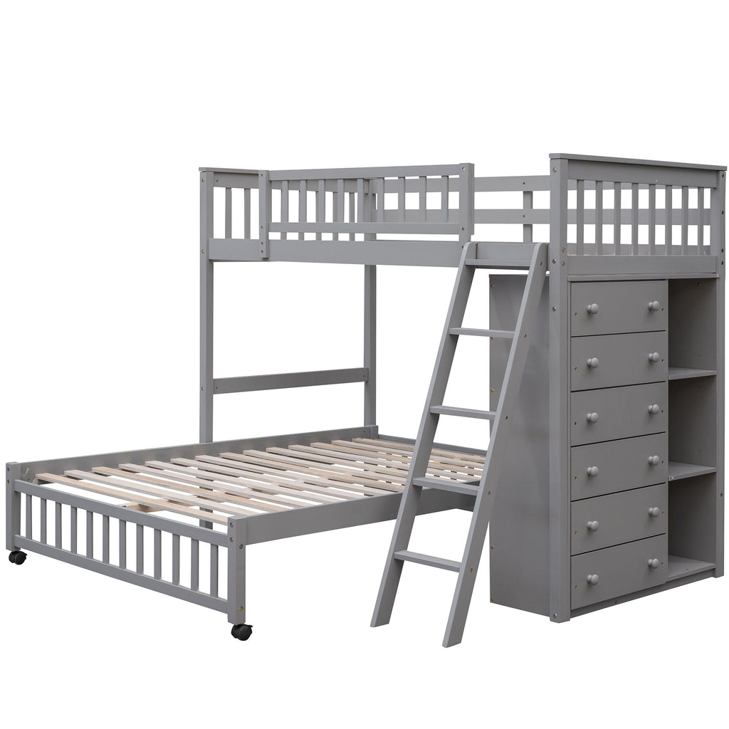 Bunk Bed With 6 Drawers And Flexible Shelves, Bottom Bed With Wheels