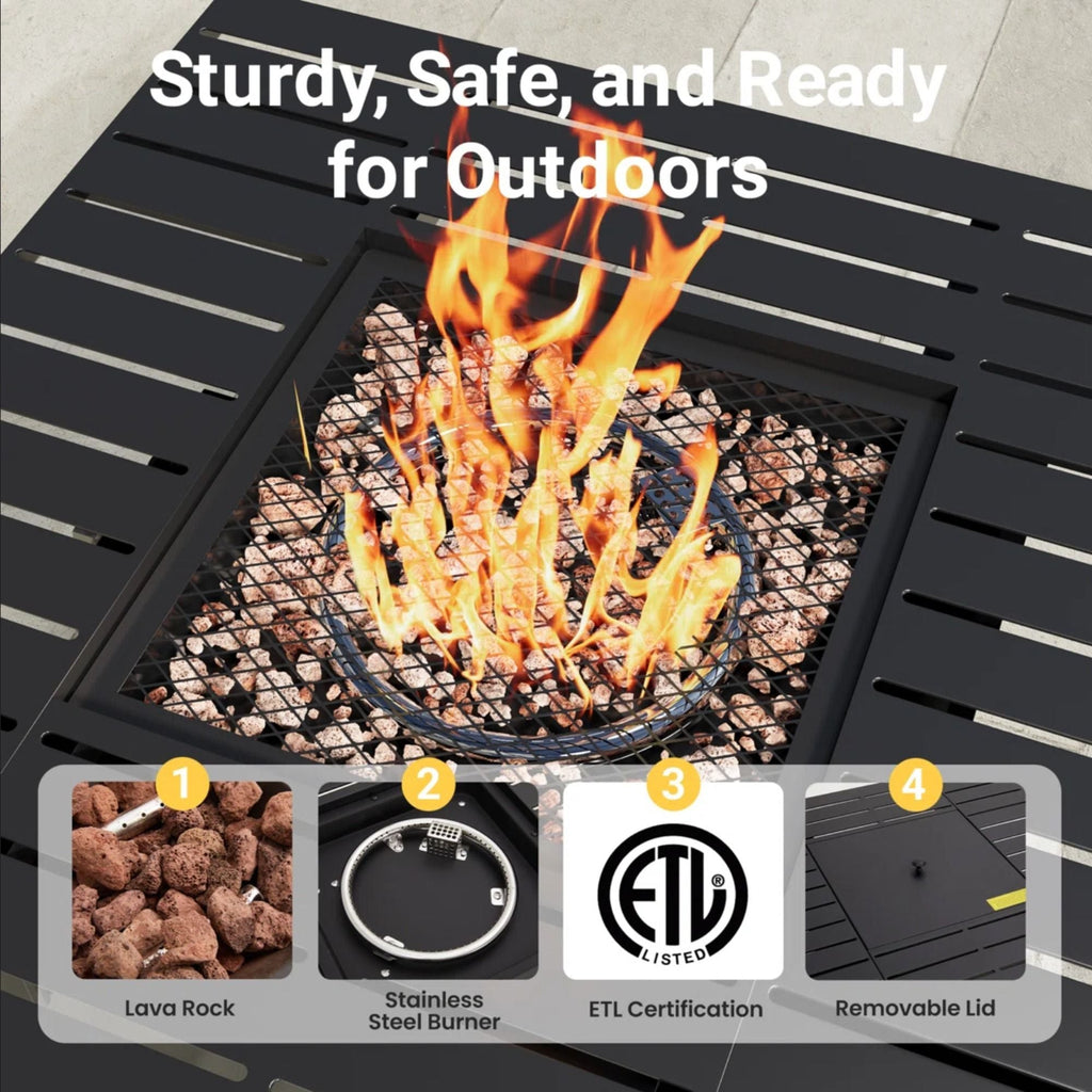 Square 2 In 1 Outdoor Propane Fire Pit Table With Stainless Burner, Lava Rocks, Lid & Waterproof Cover - Black