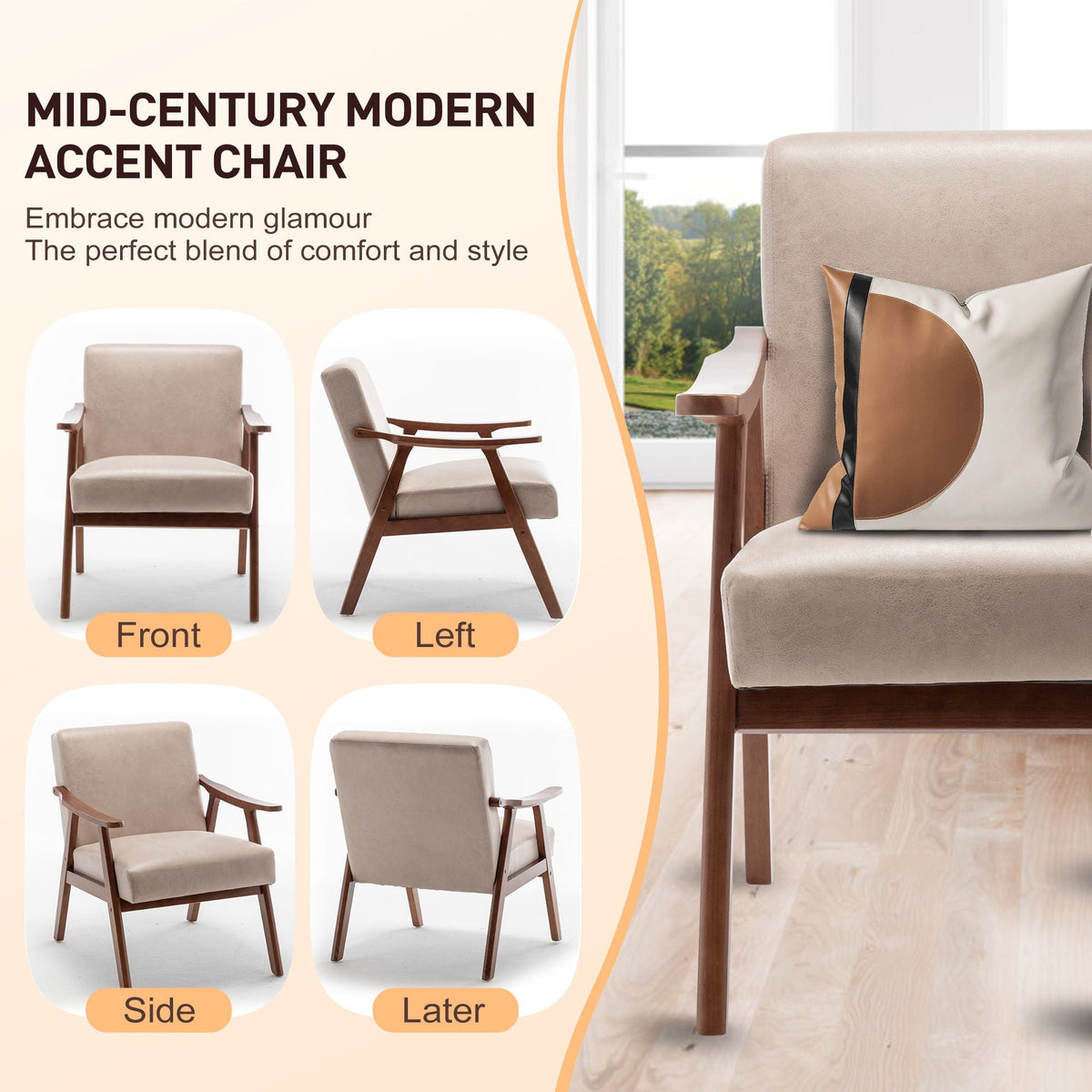 Mid Century Modern Accent Chair With Solid Wood Frame And Extra Thick Backrest