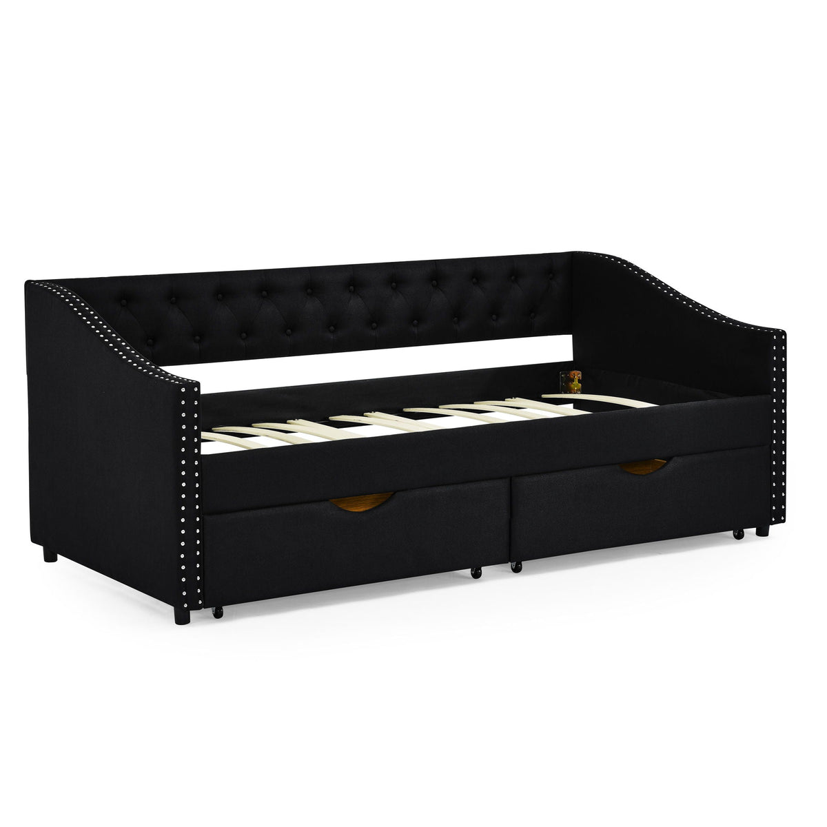 Upholstered Tufted Daybed With 2 Drawers, Waved Arms
