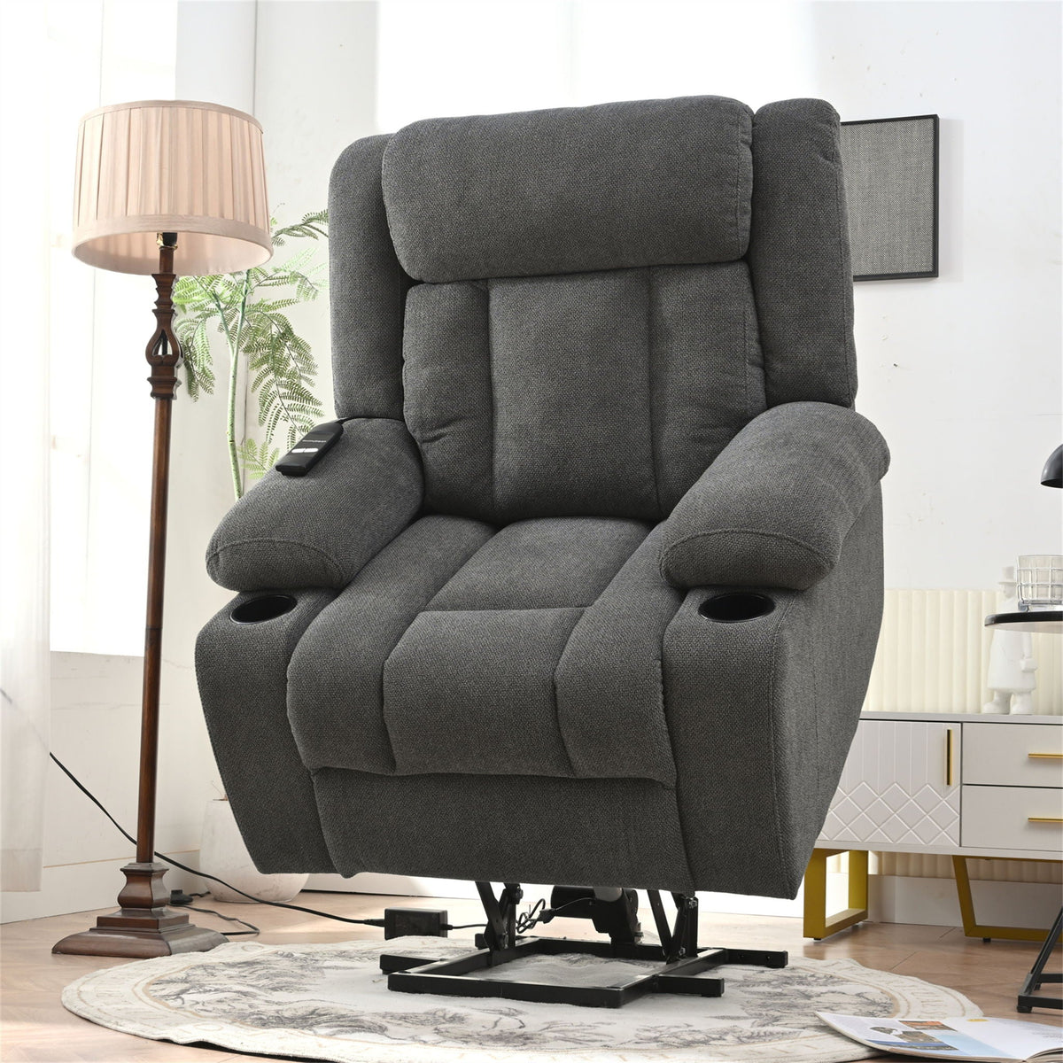 Power Lift Recliner Chair With Extended Footrest, Remote Control, Cup Holders, And Side Pockets