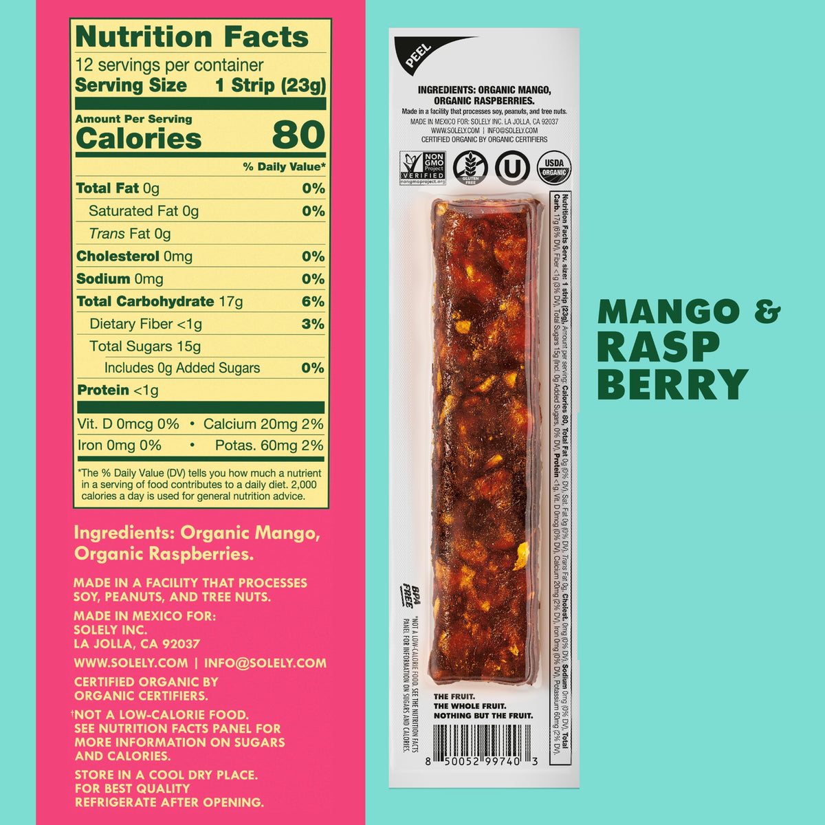Solely Organic Mango Raspberry Fruit Jerky Multipack, Case of 12, 4.1 oz Packs