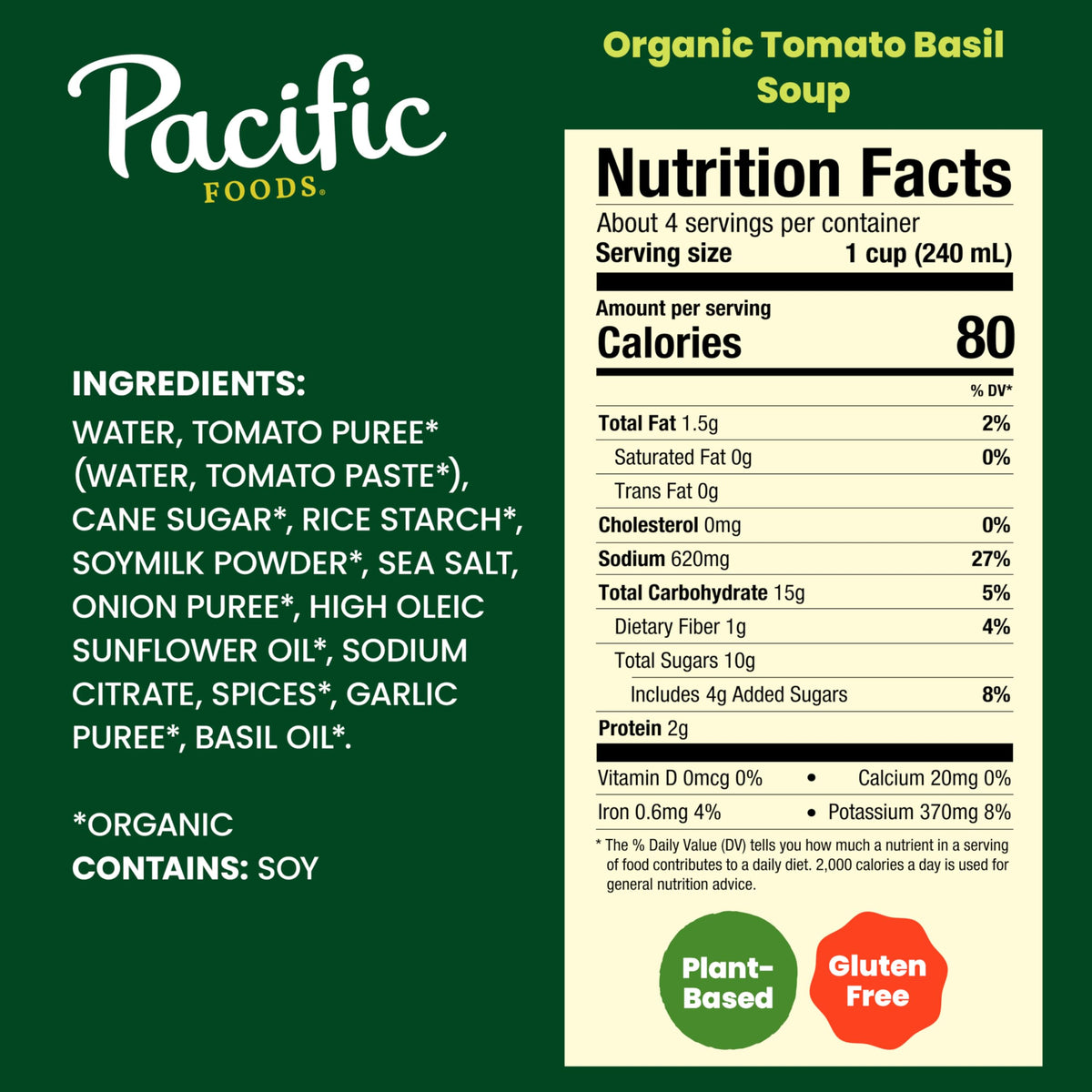 Pacific Foods Organic Tomato Basil Soup, 32 fl oz, Case of 12