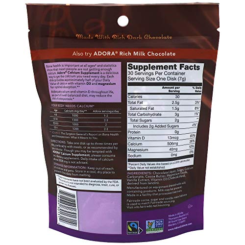 Adora Dark Chocolate Calcium Supplement Discs, Case of 6, 30 Count Packs