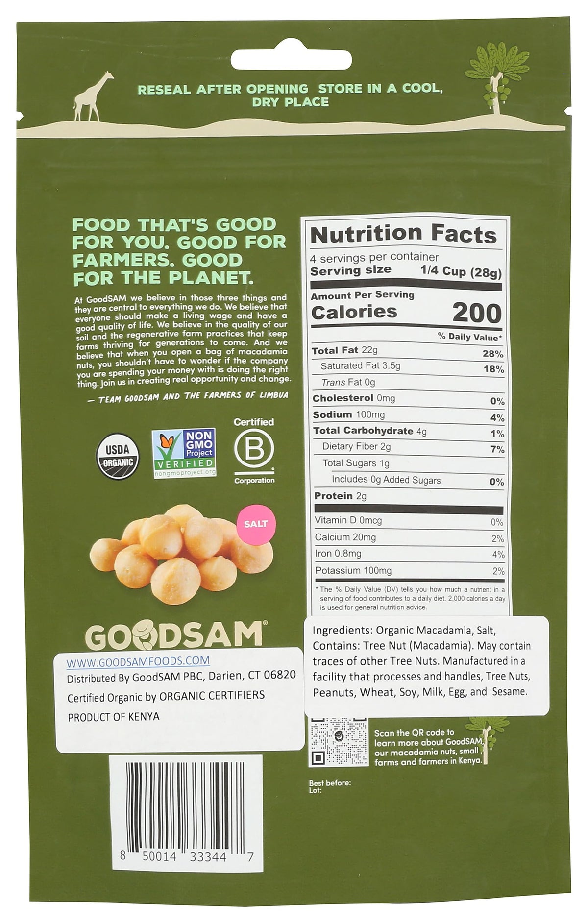 GoodSam Organic Roasted Salted Macadamia Nuts, Case of 8, 4 oz