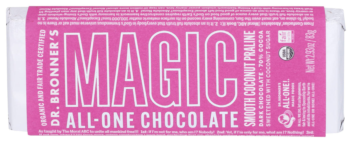 Dr. Bronner's Magic Organic Dark Chocolate Coconut Praline Bars, Case of 12, 2.93 Ounces