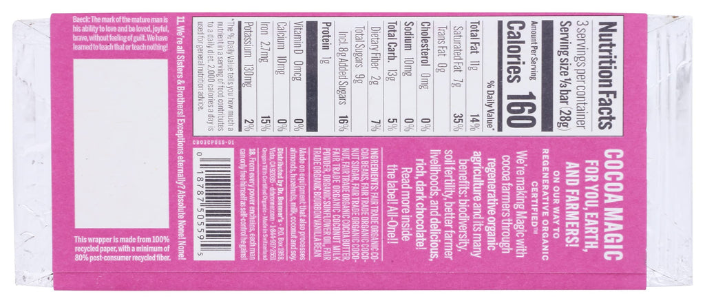 Dr. Bronner's Magic Organic Dark Chocolate Coconut Praline Bars, Case of 12, 2.93 Ounces