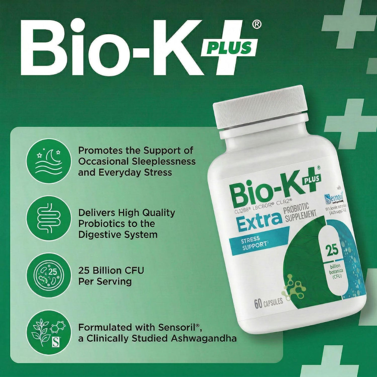Bio-K+ Extra Stress Support Probiotic Capsules, 60 Count