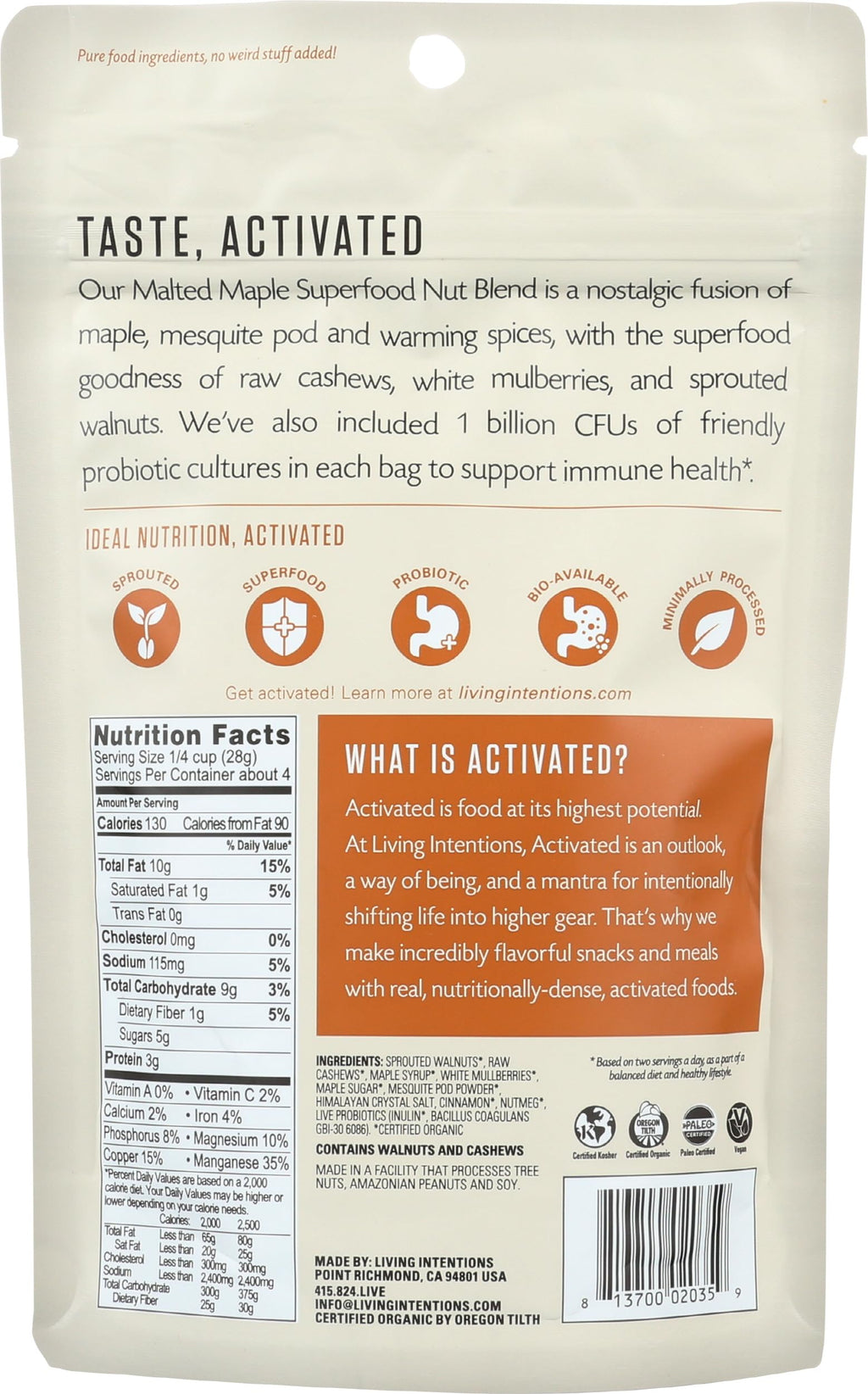 Living Intentions Activated Superfood Malted Maple Nut Blend Case of 6, 4 Ounce