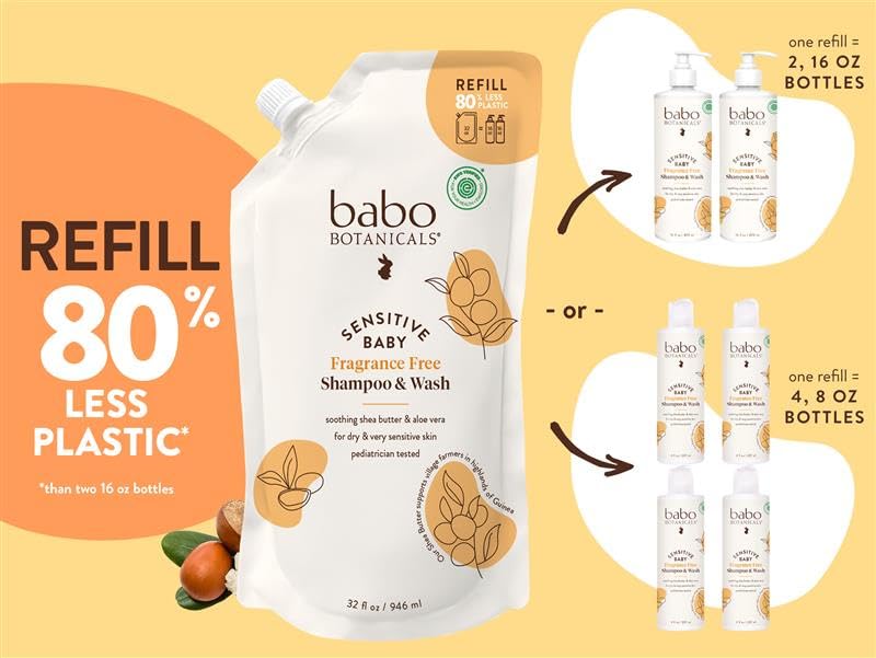 Babo Botanicals Sensitive Baby Shampoo and Wash Refill, 32 fl oz