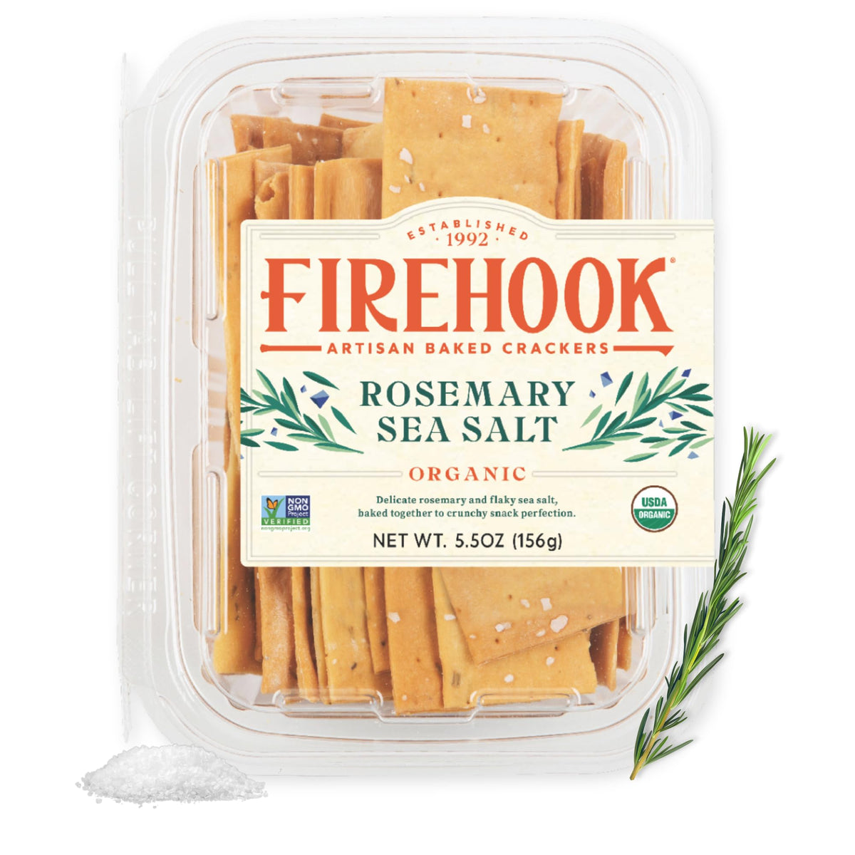 Firehook Organic Rosemary Sea Salt Crackers, Case of 8, 5.5 oz