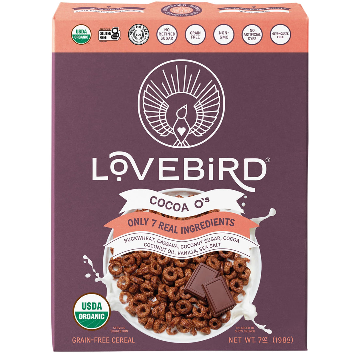 Lovebird Organic Grain-Free Cocoa O's Cereal, Case of 6, 7 Ounce Boxes