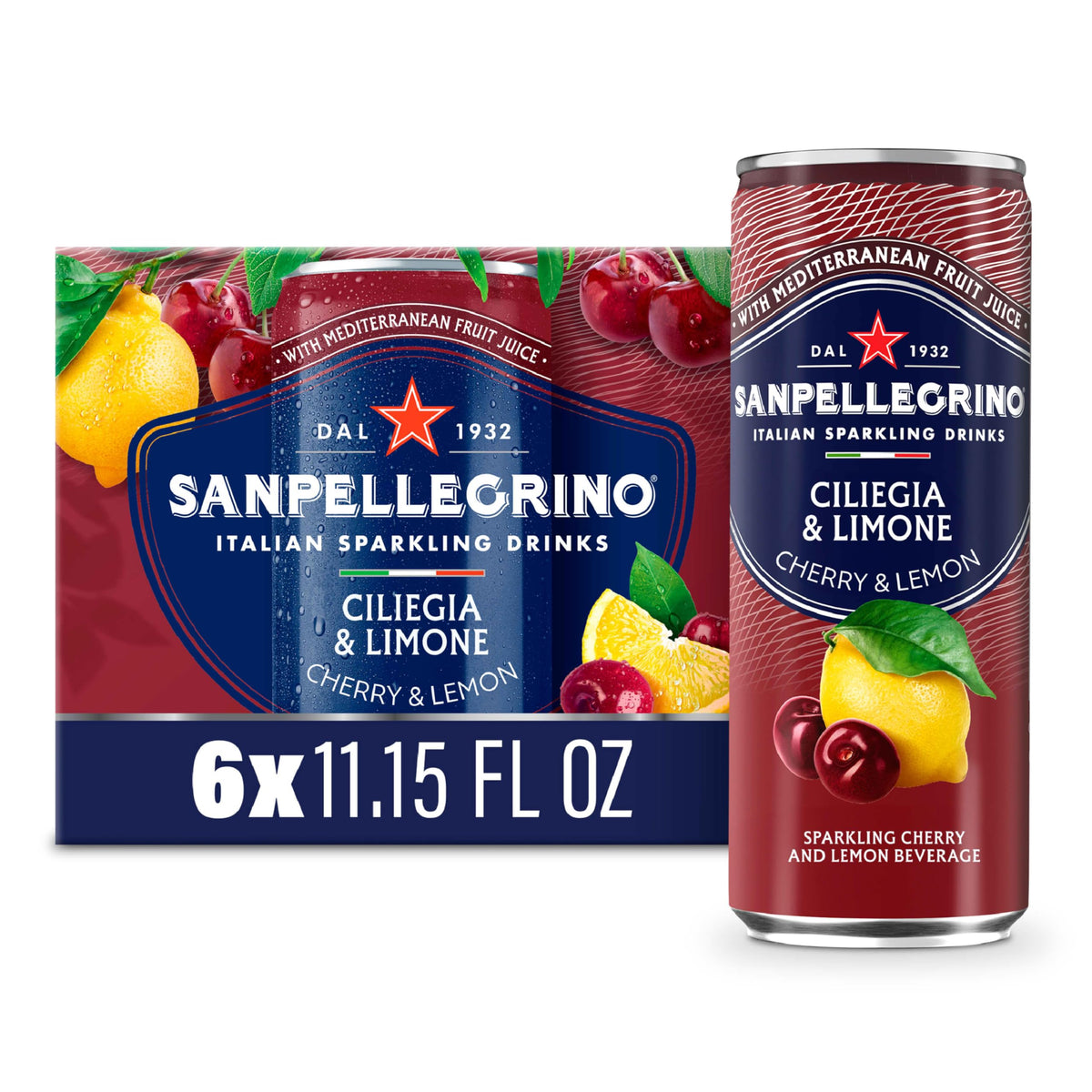 San Pellegrino Soda Italiana Sparkling Cherry and Lemon, Case of 4, 6 Cans per Pack, 11.15 Fluid Ounce Cans