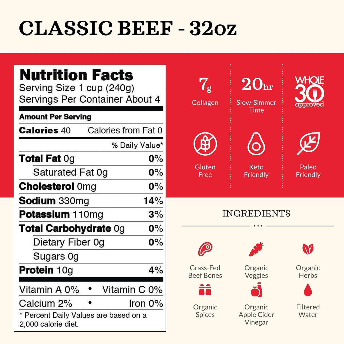 Kettle & Fire Classic Beef Bone Broth, Case of 8, 32 oz Cartons
