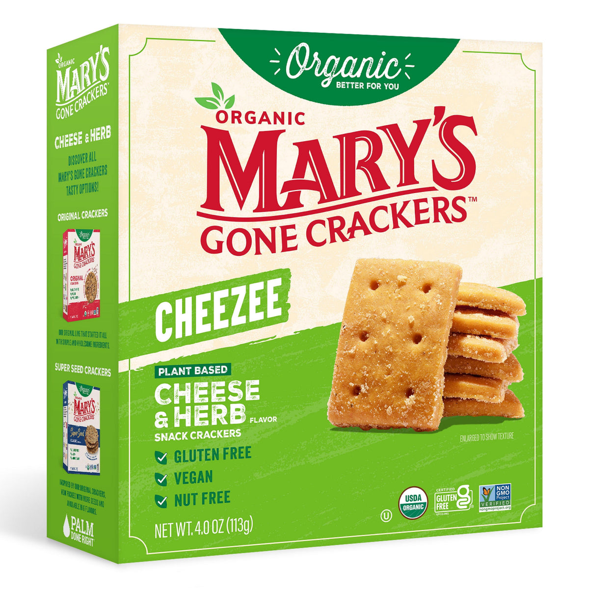 Mary's Gone Crackers Cheezee Organic Vegan Cheese And Herb Crackers, Case of 6, 4 Ounce Boxes