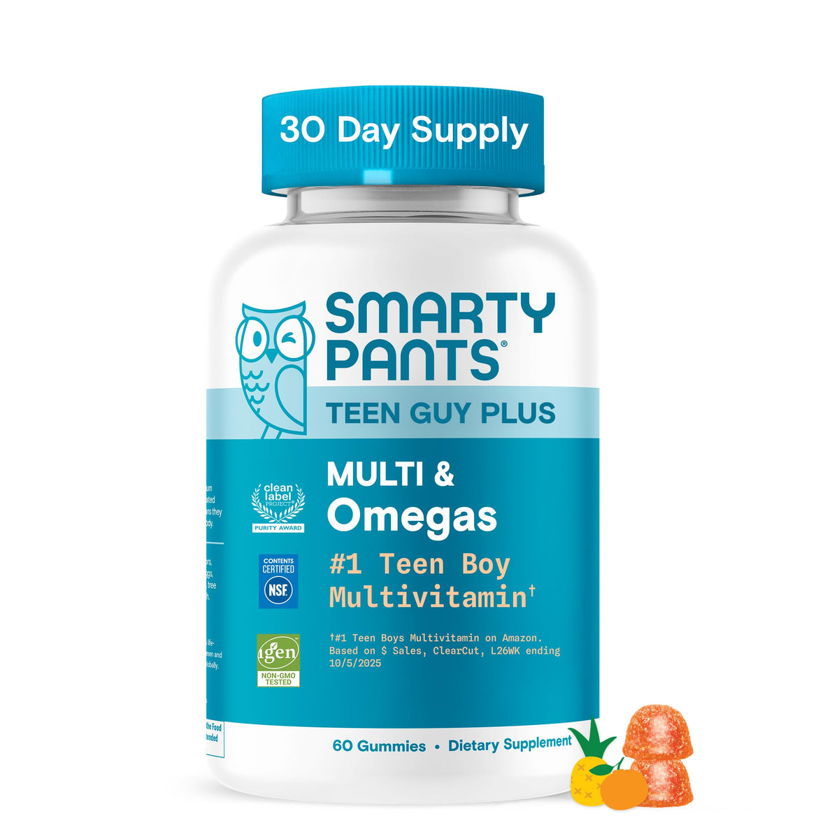 SmartyPants Teen Guy Multi & Omegas Gummies, Pineapple Orange, 60 Count