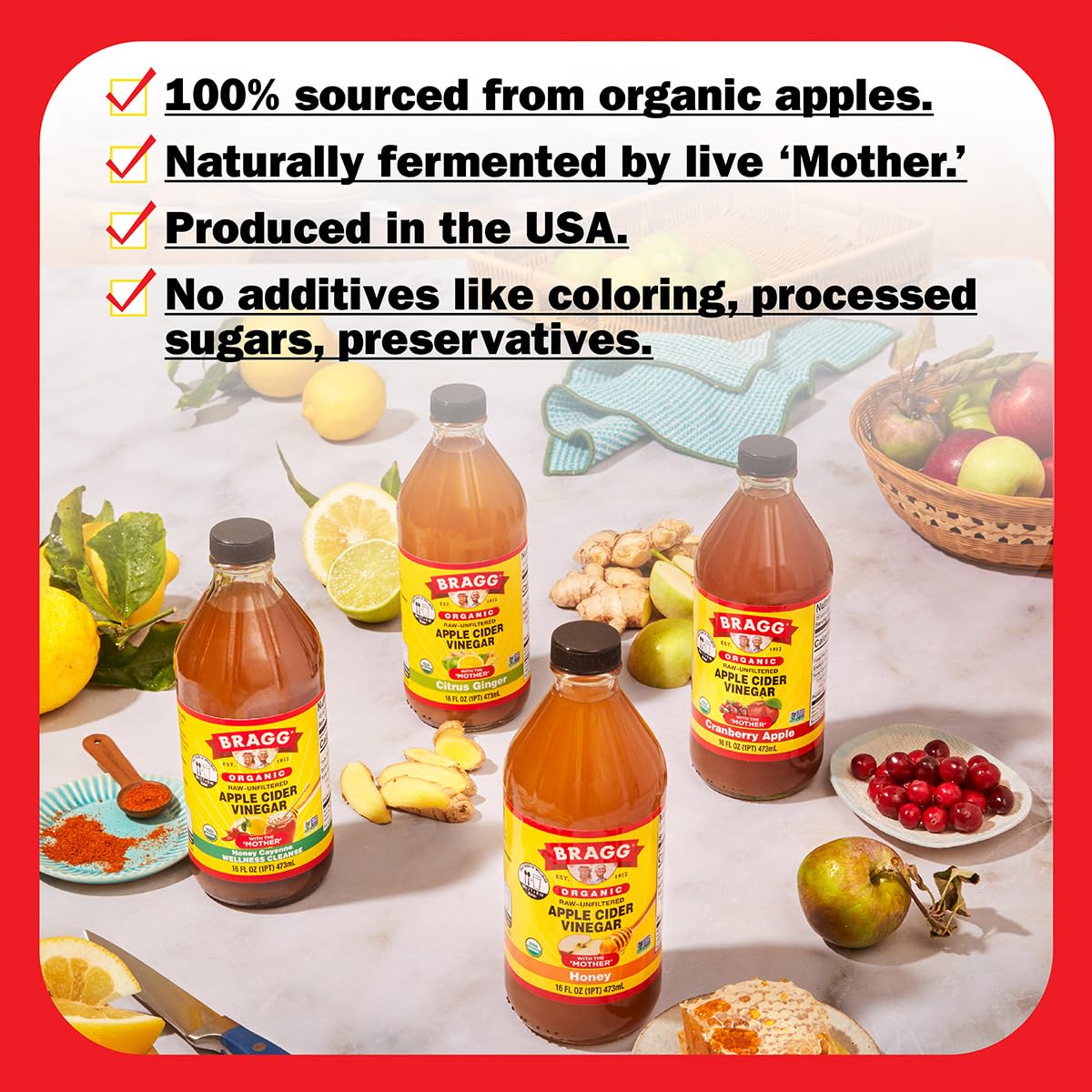 Bragg Organic Cranberry Apple Cider Vinegar Blend, Case of 6, 16 Fluid Ounce