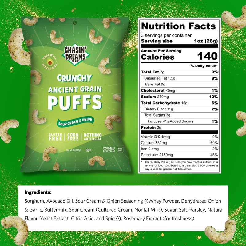 Chasin' Dreams Farm Ancient Grain Puffs Sour Cream and Onion, Case of 6, 4 Ounce
