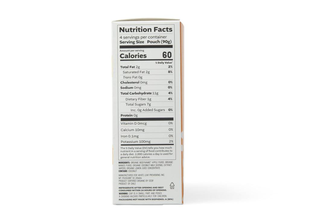 White Leaf Provisions Organic Unsweetened Mango Coconut Applesauce, Case of 6, 4 Count 3.2 oz Pouches