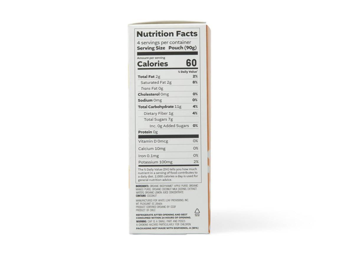 White Leaf Provisions Organic Unsweetened Mango Coconut Applesauce, Case of 6, 4 Count 3.2 oz Pouches