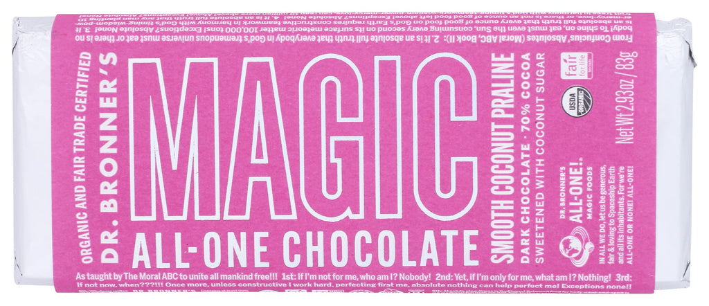 Dr. Bronner's Magic Organic Dark Chocolate Coconut Praline Bars, Case of 12, 2.93 Ounces