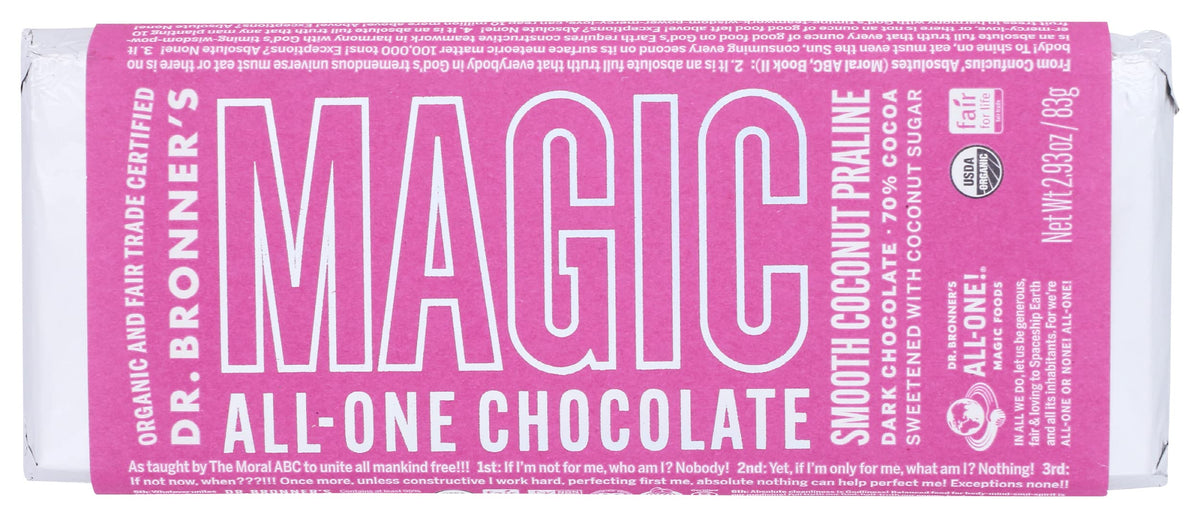 Dr. Bronner's Magic Organic Dark Chocolate Coconut Praline Bars, Case of 12, 2.93 Ounces