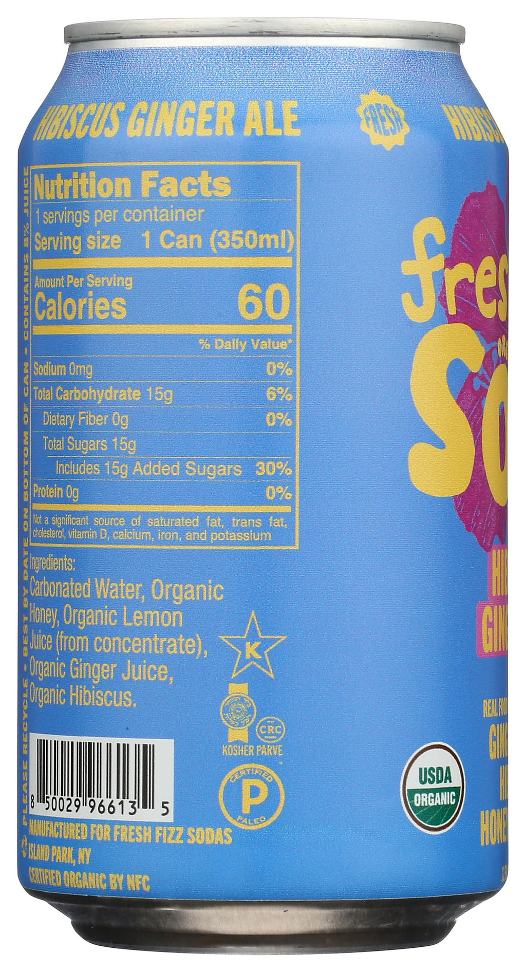 Freshfizz Organic Hibiscus Ginger Ale Sparkling Soda, Case of 12, 12 Fluid Ounce Cans