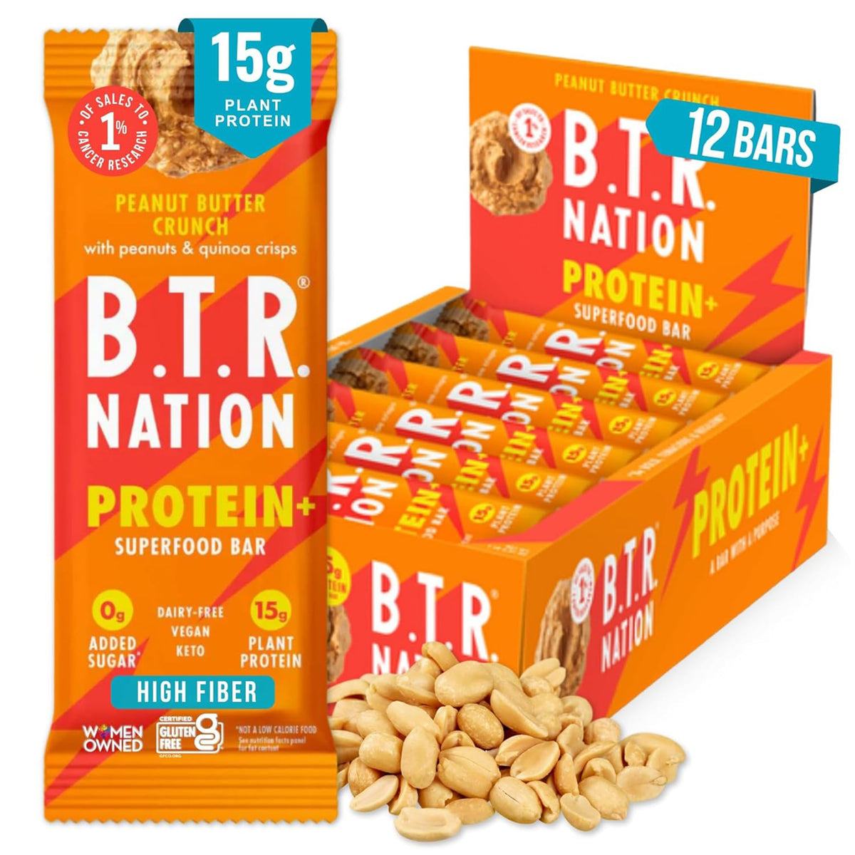 B.T.R. Bar Superfood Peanut Butter Crunch Protein Bar, Case of 12, 1.83 oz