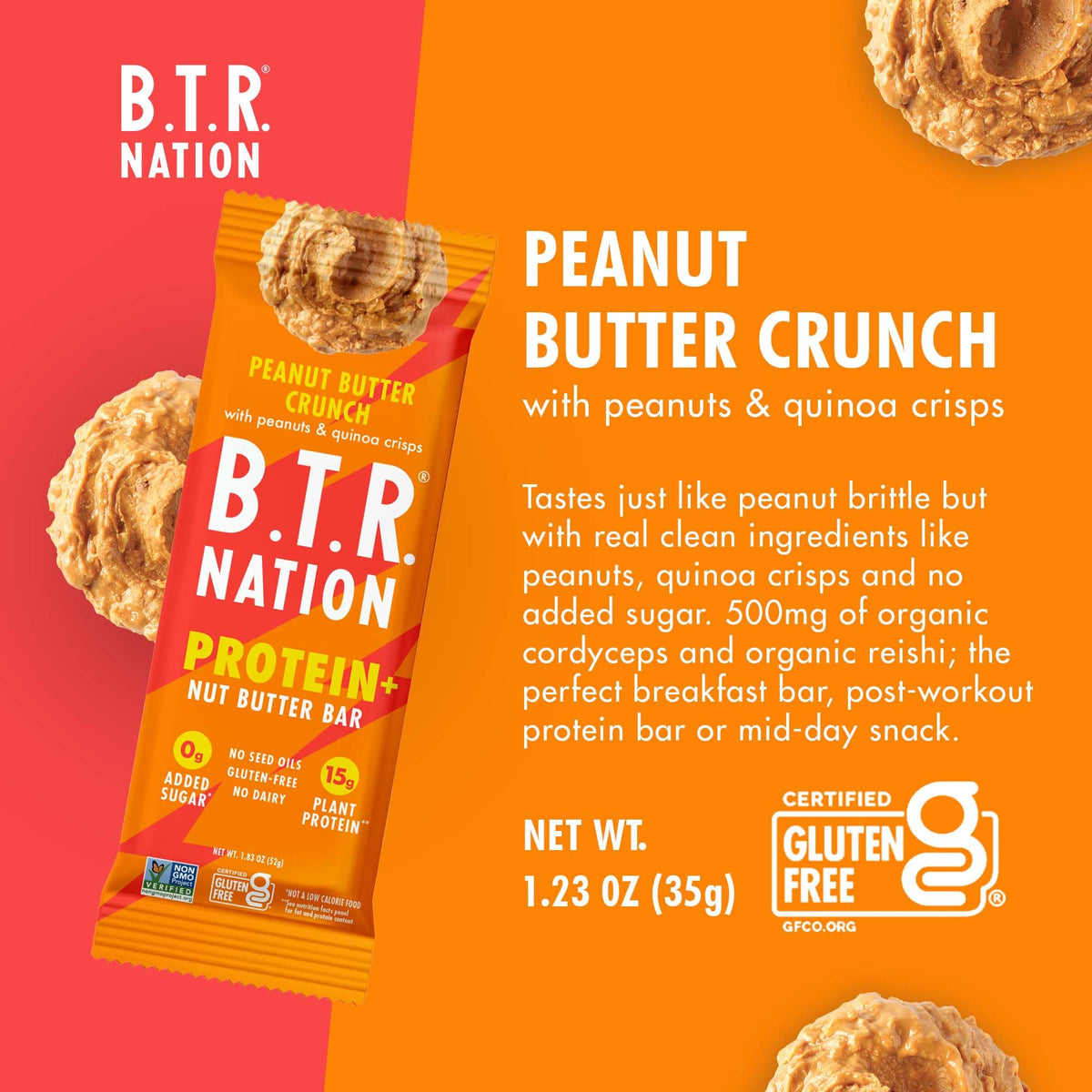 B.T.R. Bar Superfood Peanut Butter Crunch Protein Bar, Case of 12, 1.83 oz