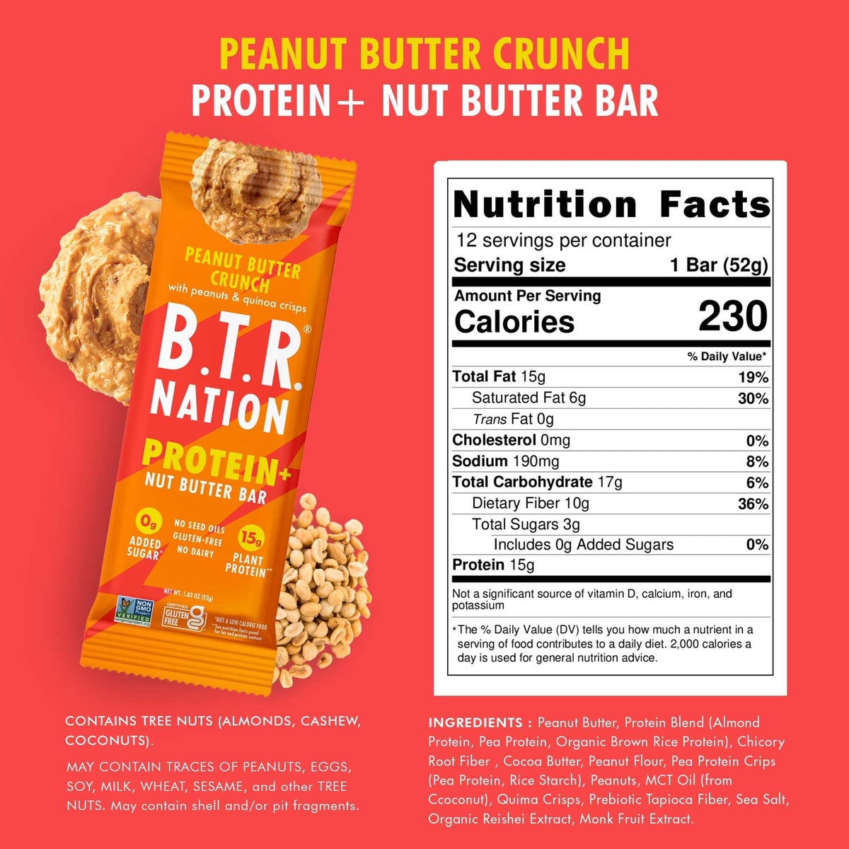 B.T.R. Bar Superfood Peanut Butter Crunch Protein Bar, Case of 12, 1.83 oz