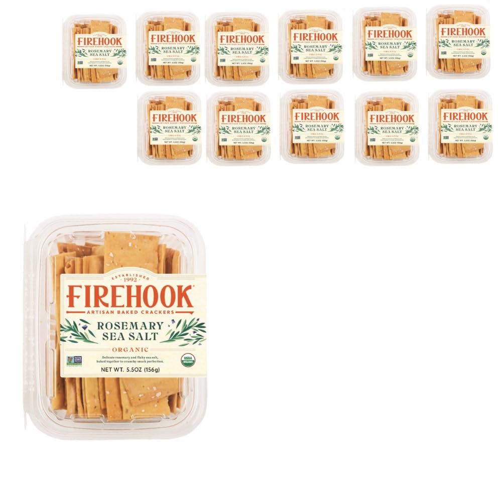 Firehook Organic Rosemary Sea Salt Crackers, Case of 8, 5.5 oz