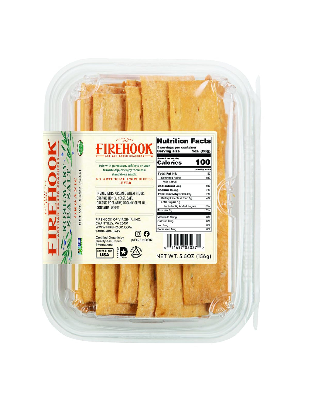 Firehook Organic Rosemary Sea Salt Crackers, Case of 8, 5.5 oz