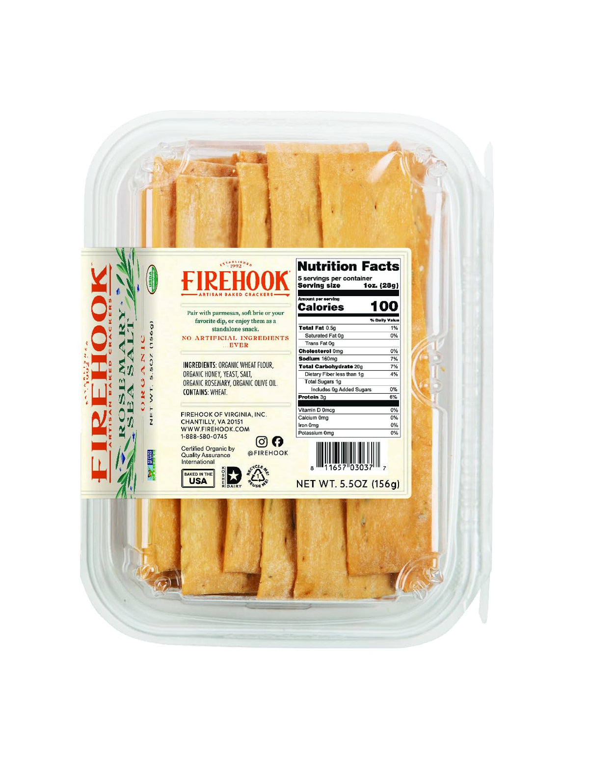 Firehook Organic Rosemary Sea Salt Crackers, Case of 8, 5.5 oz