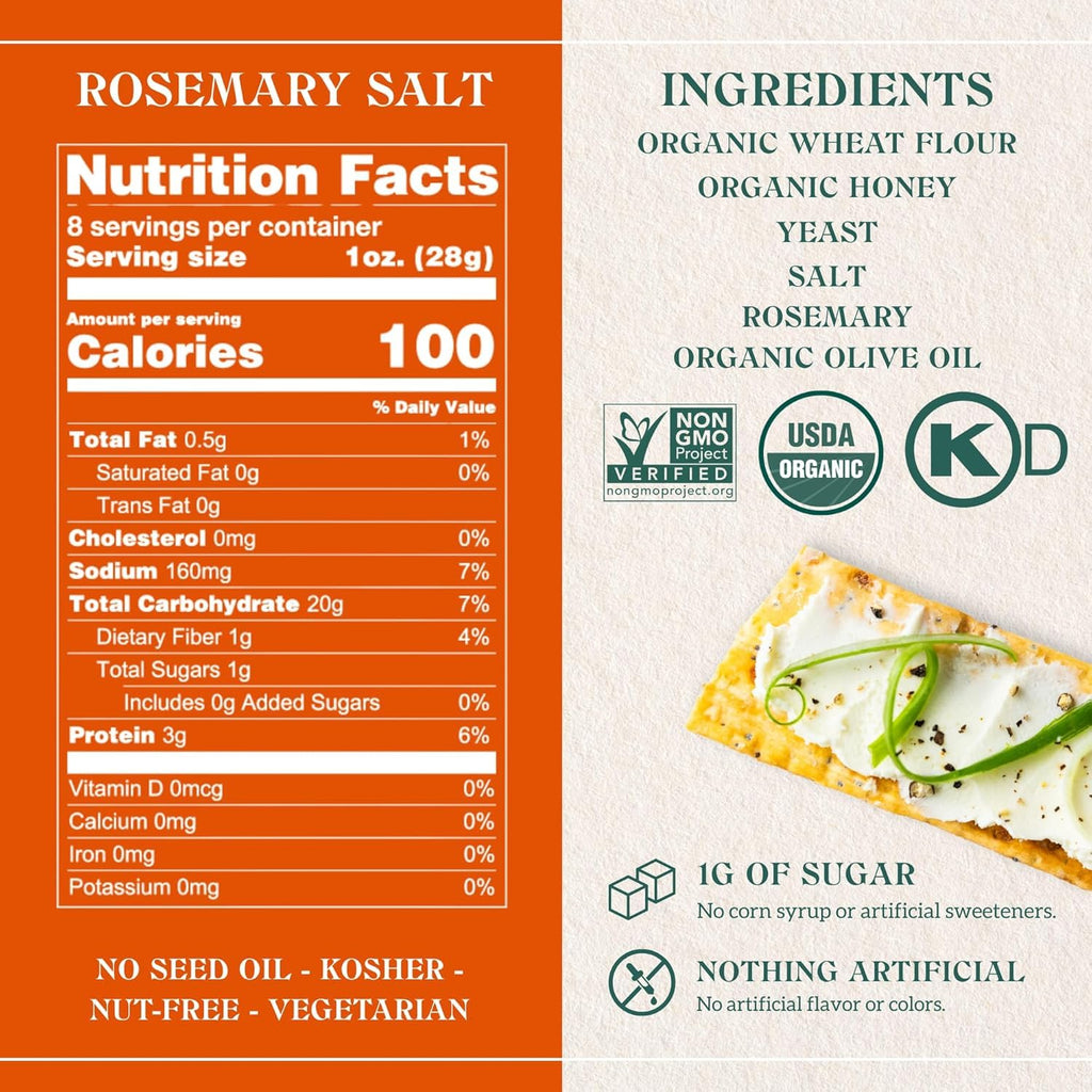 Firehook Organic Rosemary Sea Salt Crackers, Case of 8, 5.5 oz