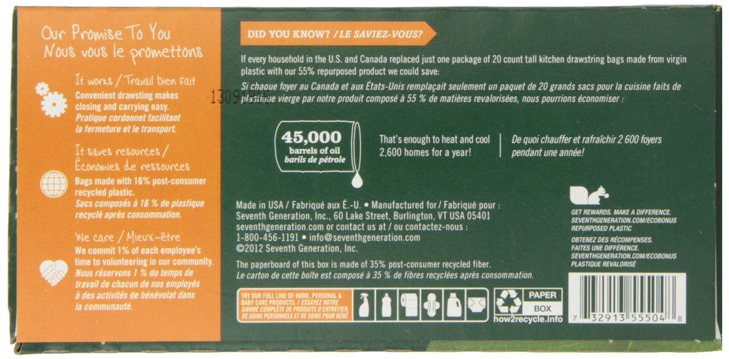 Seventh Generation 13 Gallon Drawstring Kitchen Trash Bags, Case of 6, 20 Count Boxes