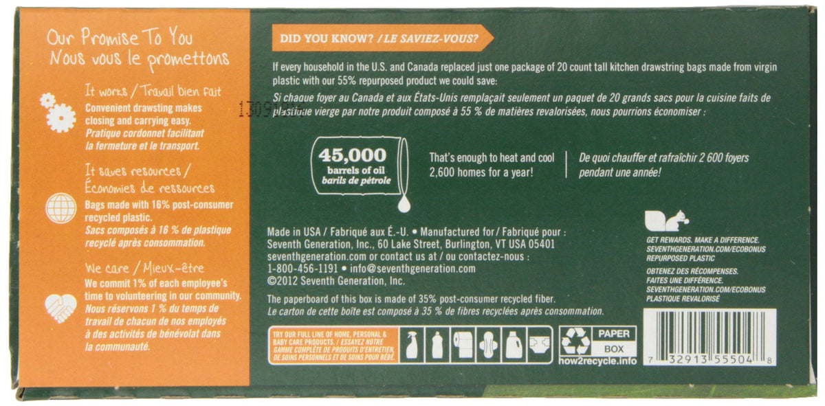 Seventh Generation 13 Gallon Drawstring Kitchen Trash Bags, Case of 6, 20 Count Boxes