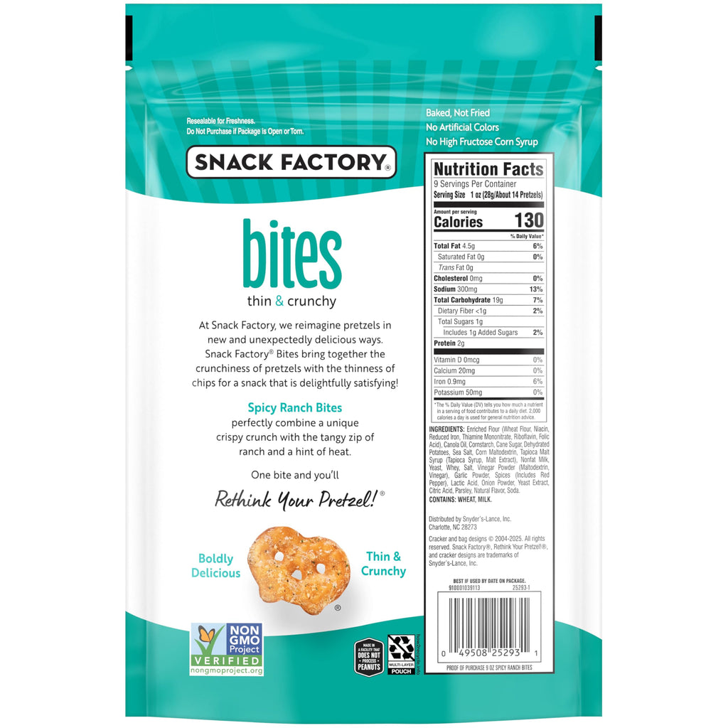 Snack Factory Spicy Ranch Pretzel Snack Bites, Case of 12, 9 oz Bags