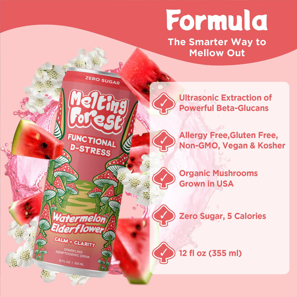 Melting Forest Sparkling D-Stress Watermelon Elderflower Drink, Case of 12, 12 fl oz Cans