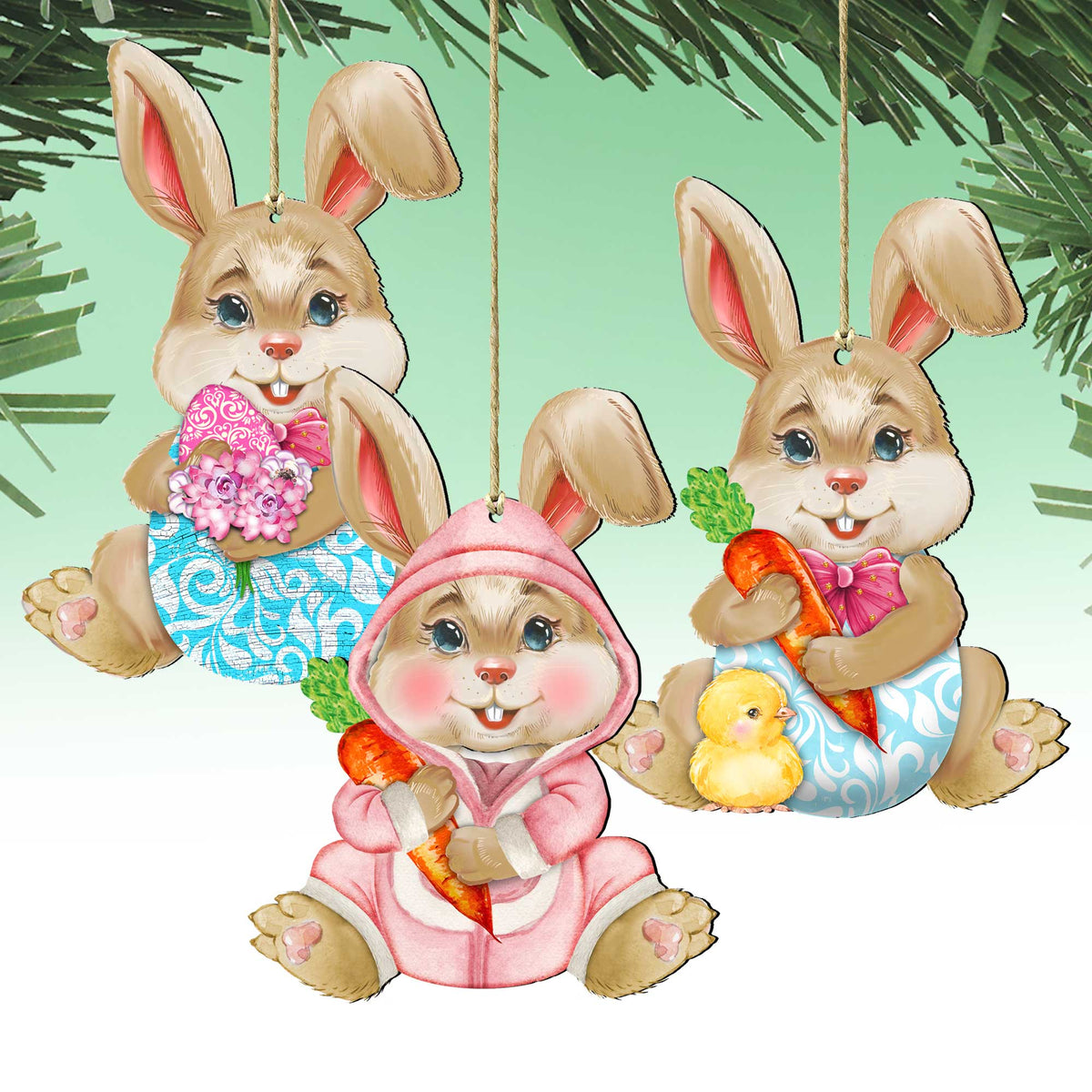 Easter Baby Bunny Wooden Ornaments Set of 3 by G. DeBrekht - Easter Spring Decor - 815432S3