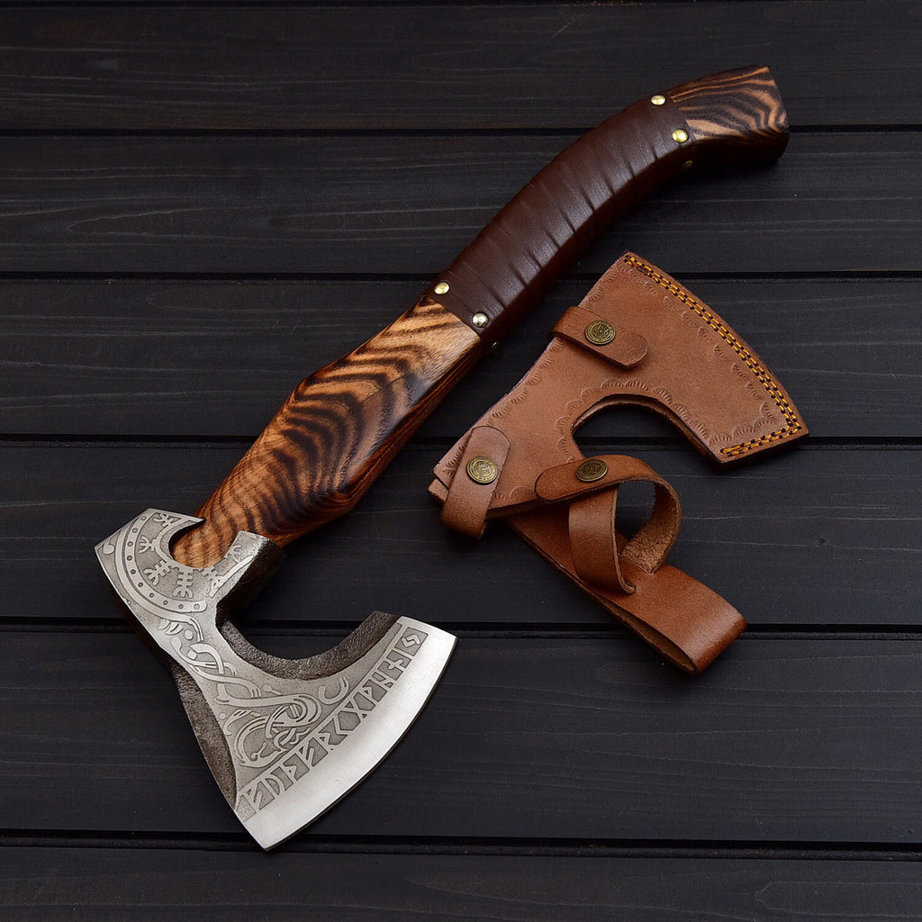 Viking Tomahawk for Sale - Engraved 1095 Forged Steel Blade, Ash Wood Handle with Leather Wrap, Leather Sheath - KBS Knives Store