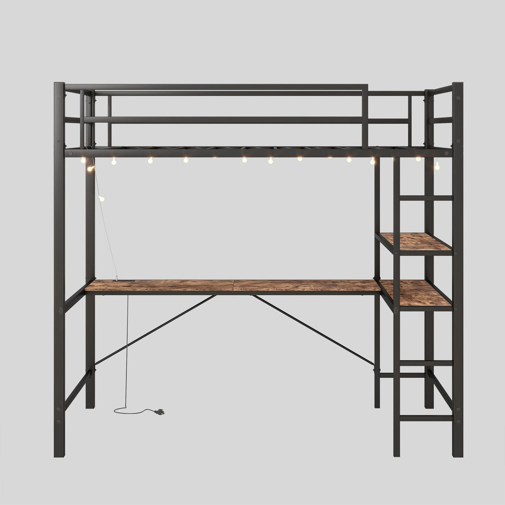 Space Saving Twin Size Loft Bed With L Shaped Desk, Shelves, Charging Station, Led Lights - Brown