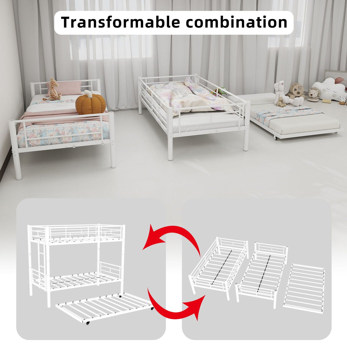 Bunk Bed For Kids, Convertible Frame With Ladders & Guardrail