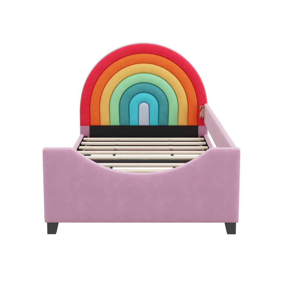 Rainbow Upholstered Twin Daybed Low To The Ground Design Cute Style Princess Bed - Colorful / Pink