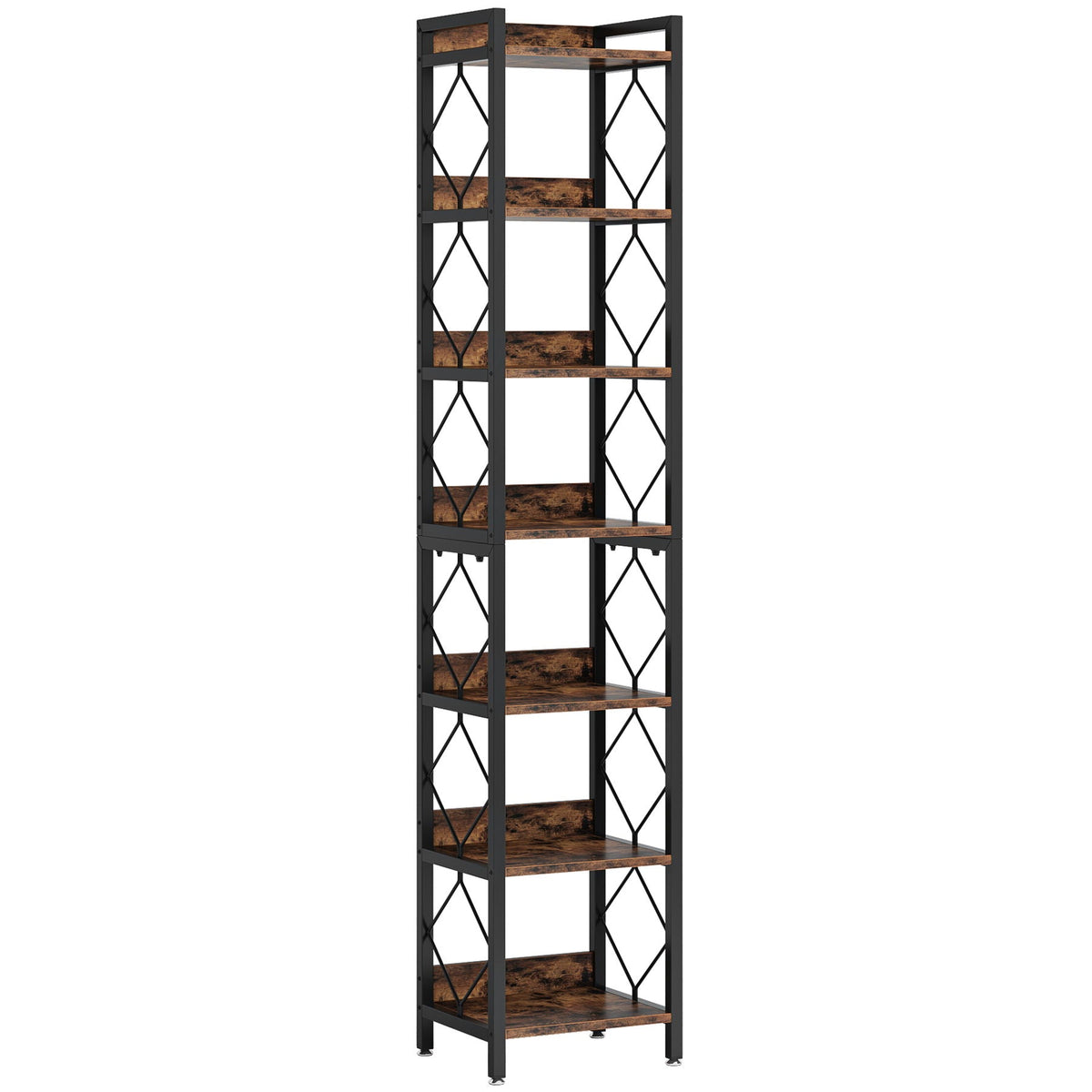 Extra Tall 7 Tier Narrow Corner Bookshelf Storage Display Rack For Living Room - Rustic Brown