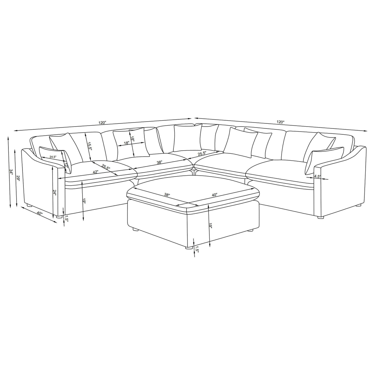 6 Piece Upholstered Modular Sectional Sofa With Reversible Cushions And Ottoman - Charcoal