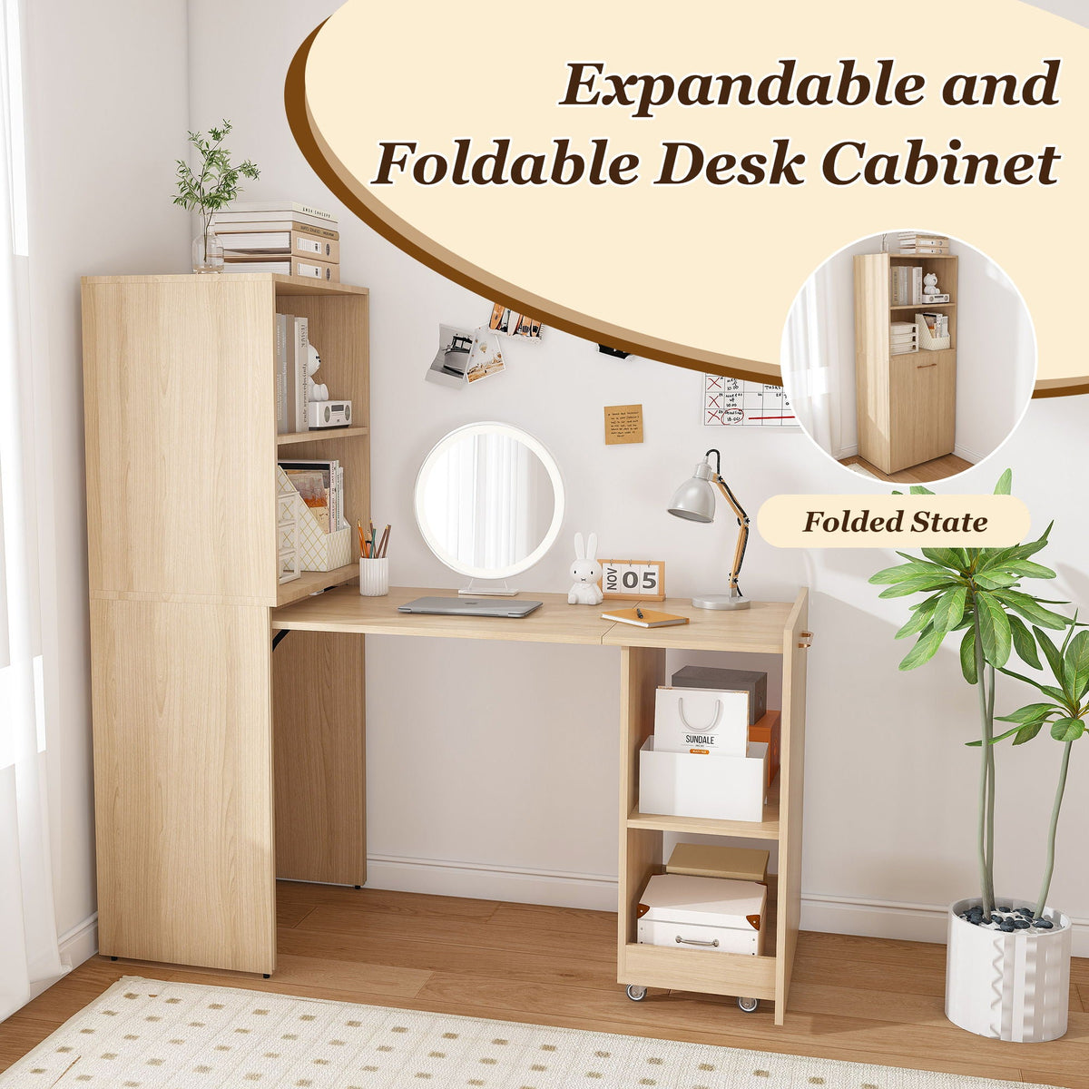 Stretchable Office Desk With Storage Shelves And Mobile Wheels