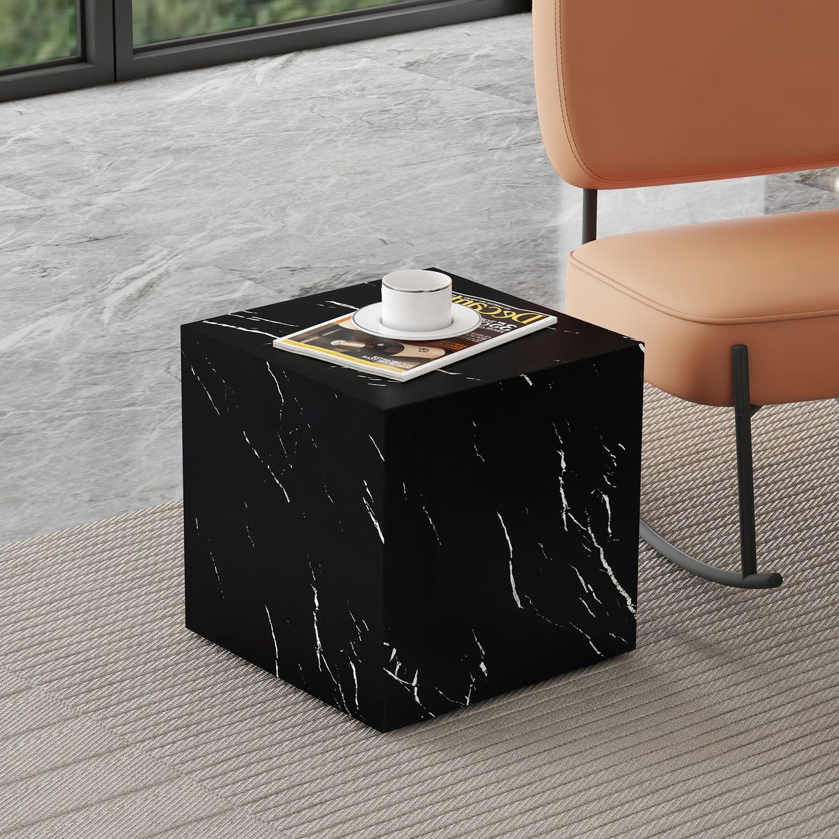 Luxurious Marble Texture Coffee Table Cube Design Elegant Living Room Accent - Black
