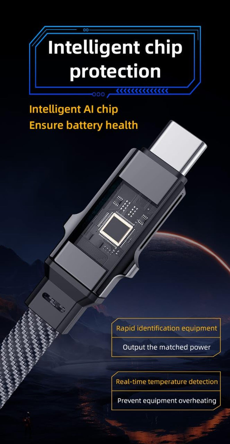 4-In-1 Fast Charging Cable, Dual Input USB-C & USB-A with Dual USB-C Output, 100W Power Delivery Multi Charging Cable for Compatible Smartphones, Tablets and USB-C Devices