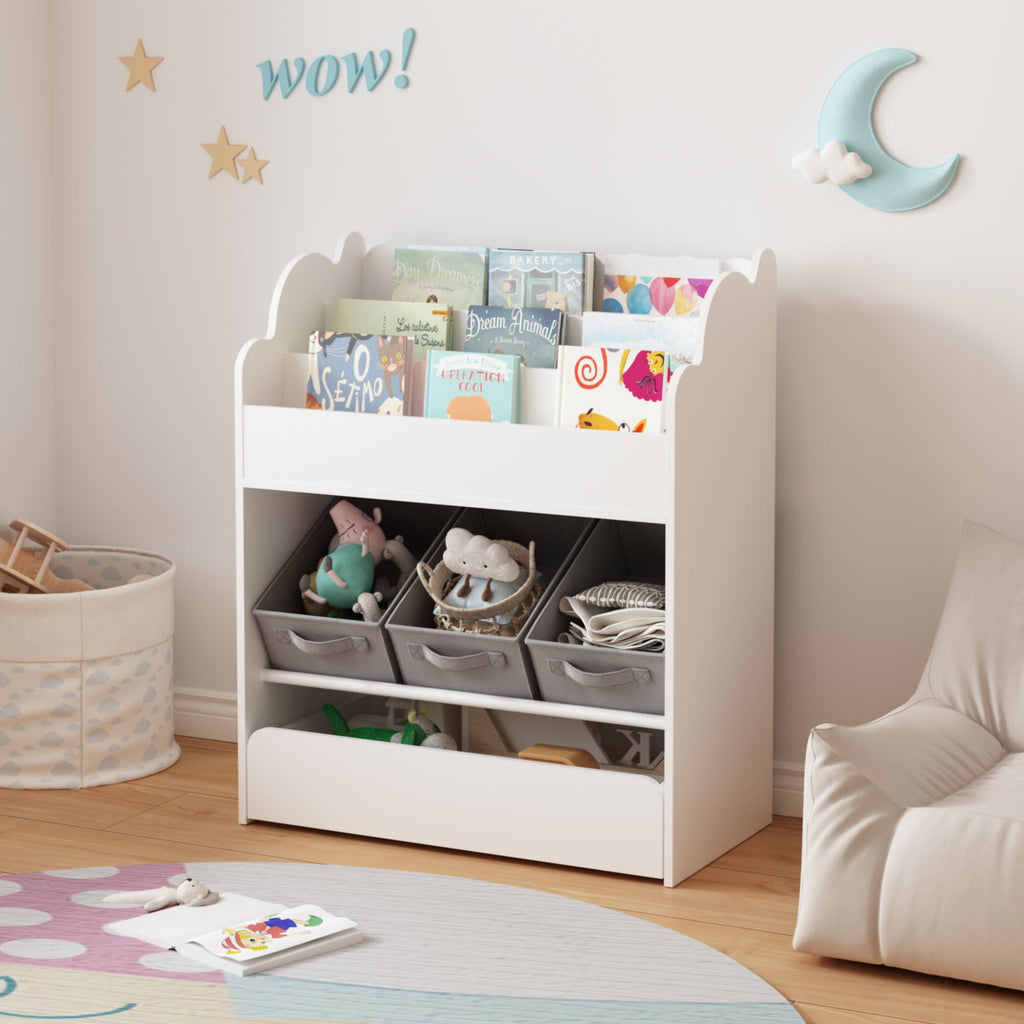 Bookshelf With Storage Bins And Drawer, Multi Functional Book Organizer For Toddlers - White