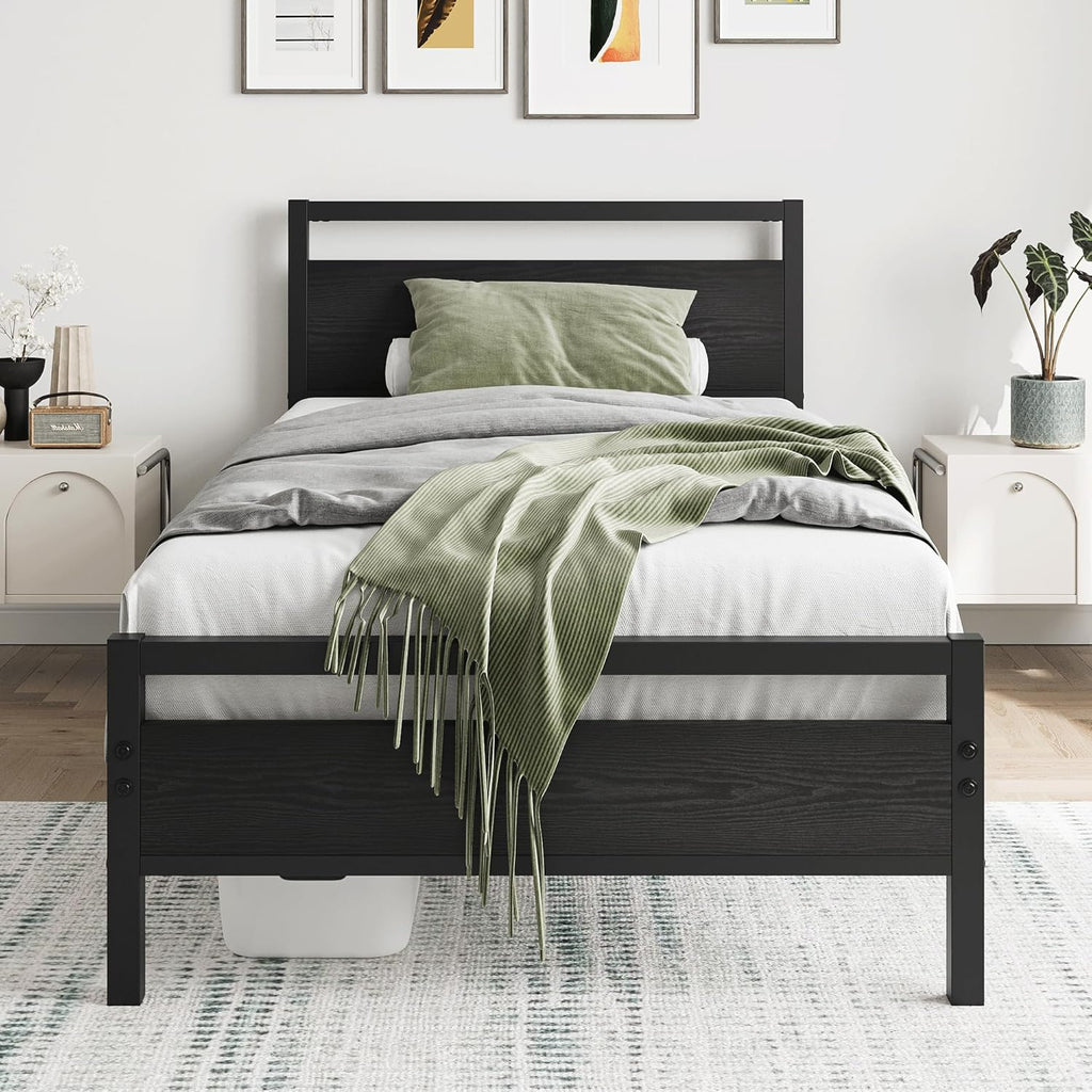 Black Twin Bed Frame with Wood Headboard,Metal Single Platform Bed Frame Twin Size No Box Spring Needed,Heavy Duty Metal Slats Support,Mattress Base,Noise Free,Easy Assembly,Black